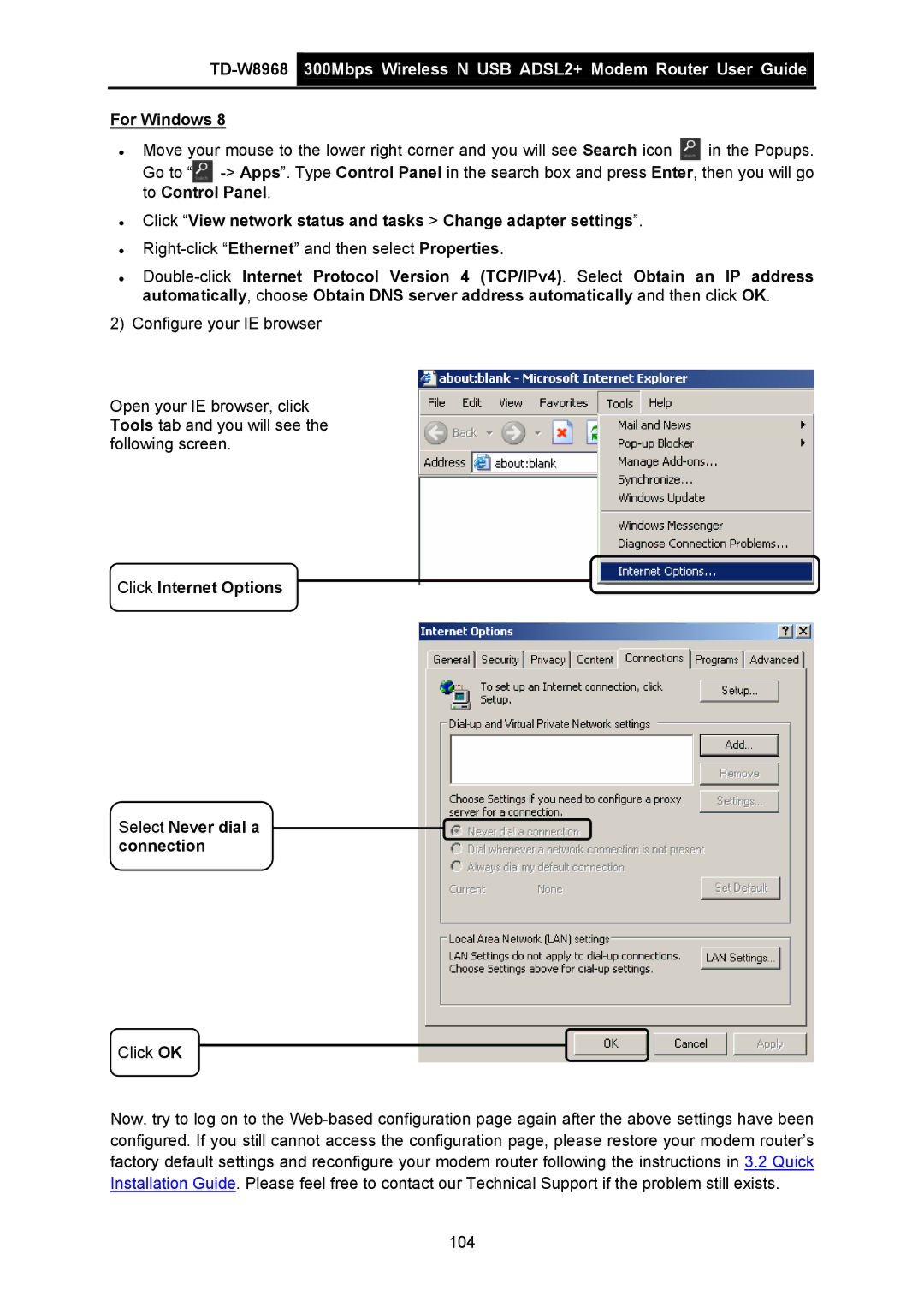 TP-Link TD-W8968 manual For Windows, Click View network status and tasks Change adapter settings 