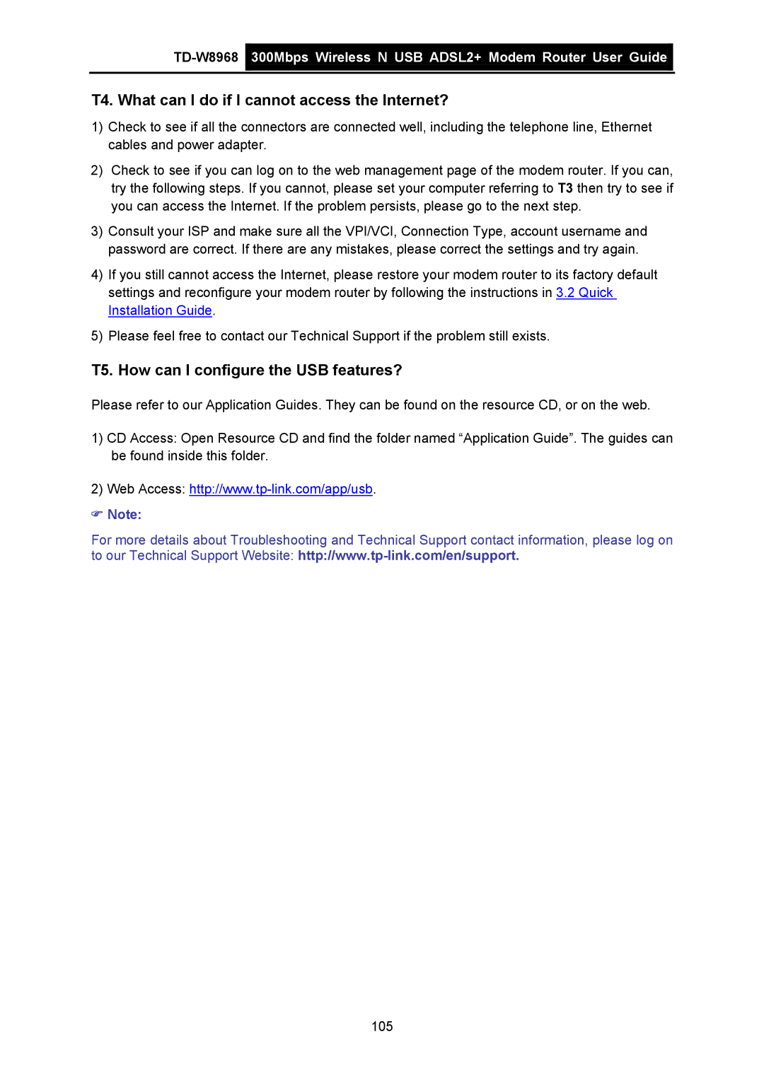 TP-Link TD-W8968 manual T4. What can I do if I cannot access the Internet?, T5. How can I configure the USB features? 