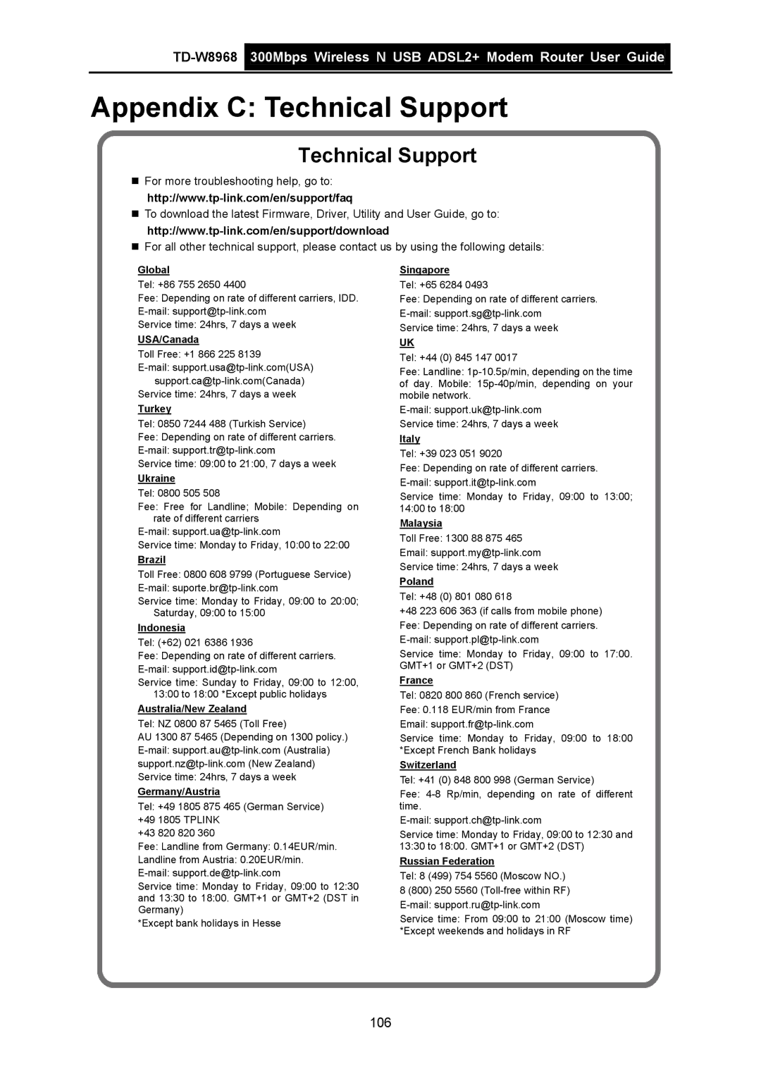 TP-Link TD-W8968 manual Appendix C Technical Support 