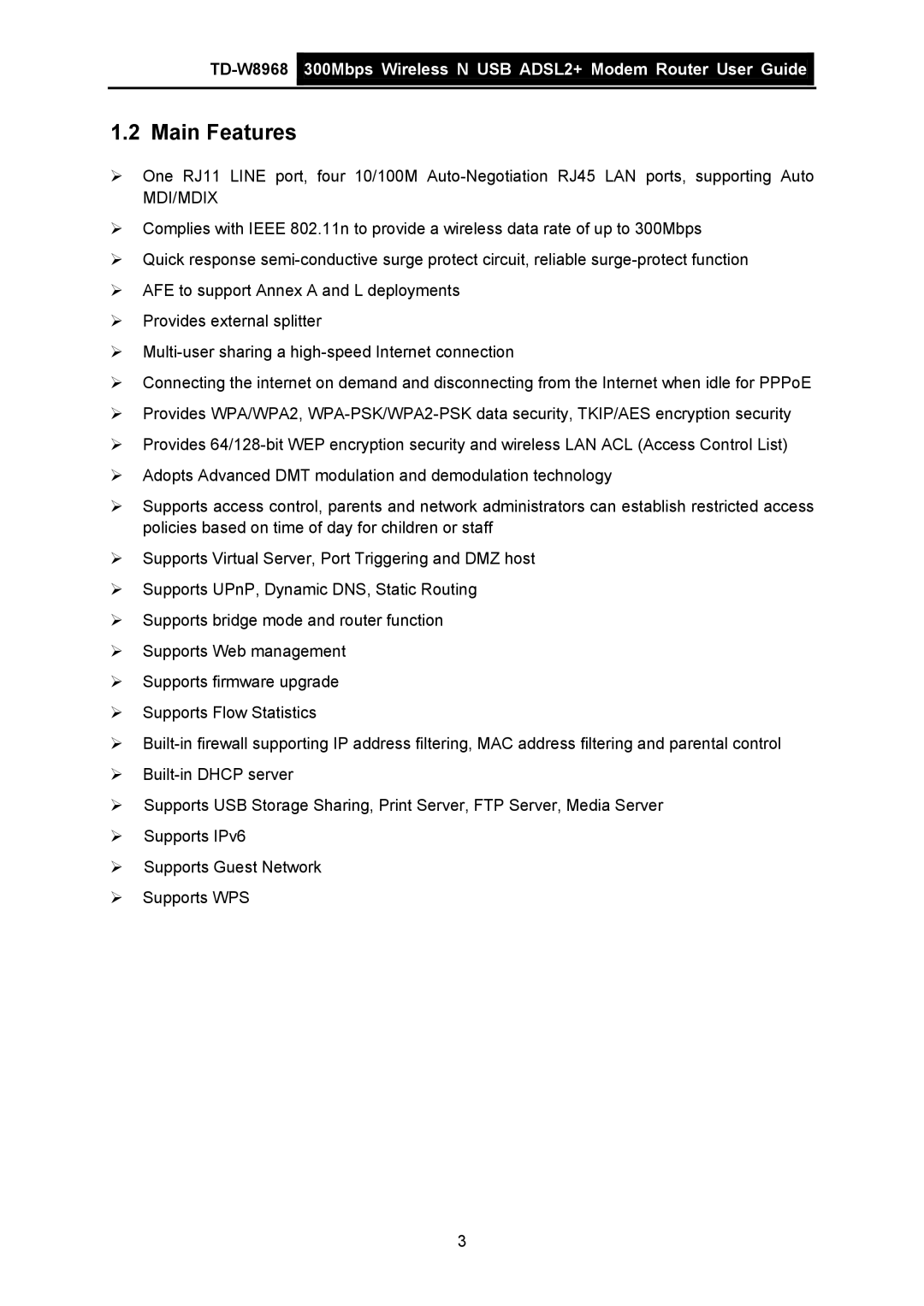 TP-Link TD-W8968 manual Main Features, Mdi/Mdix 