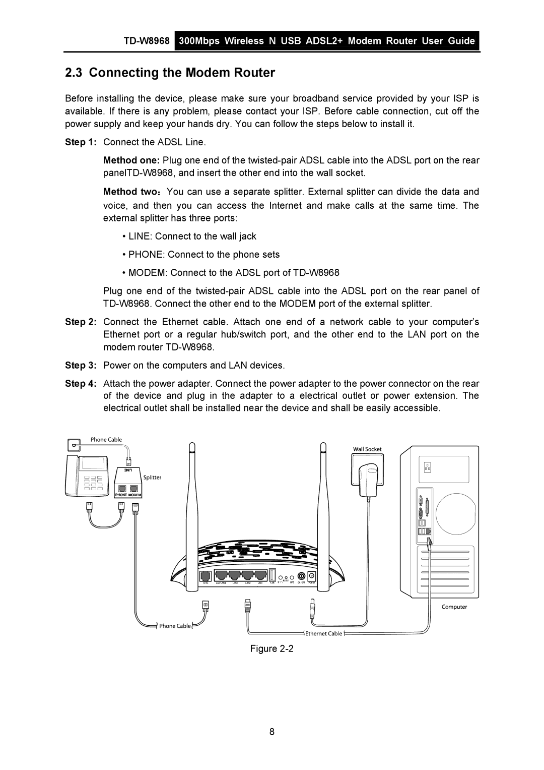 TP-Link TD-W8968 manual Connecting the Modem Router 