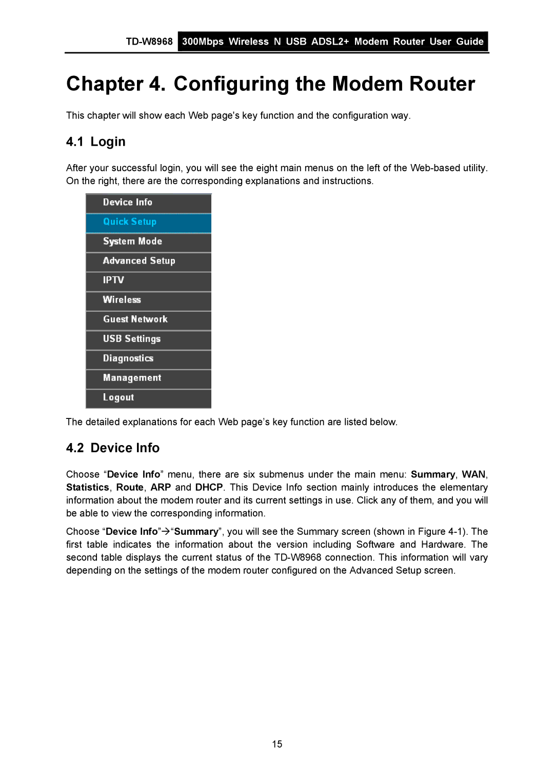 TP-Link TD-W8968 manual Login, Device Info 