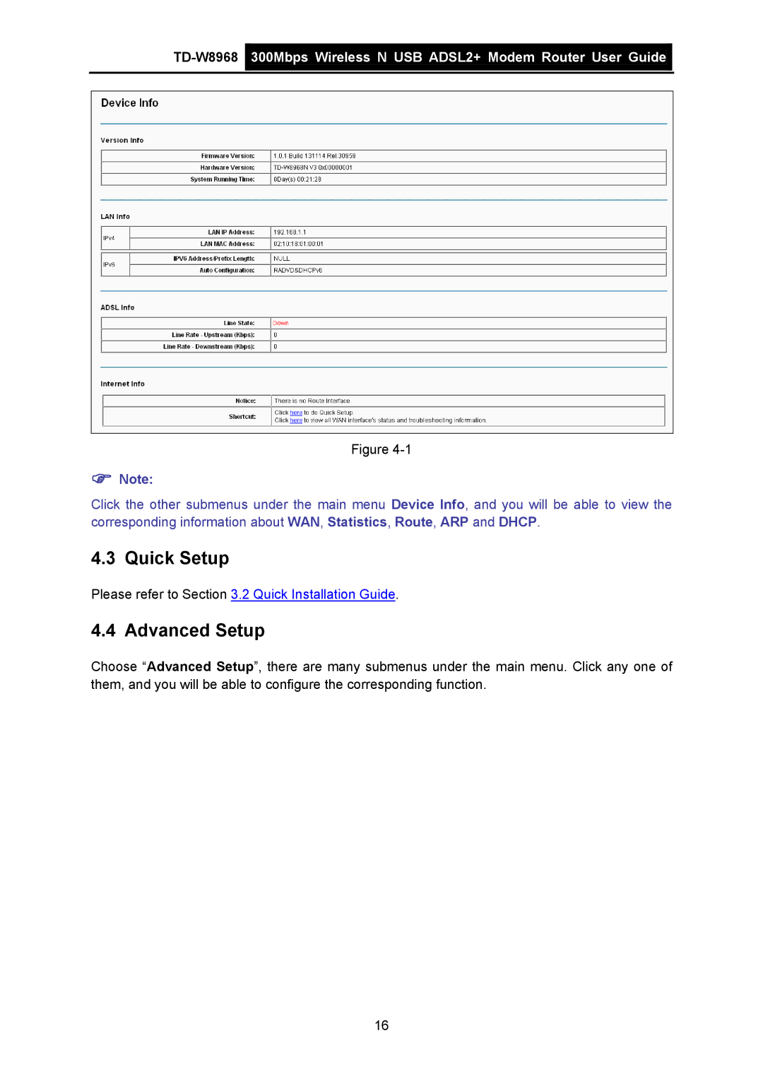 TP-Link TD-W8968 manual Quick Setup, Advanced Setup 