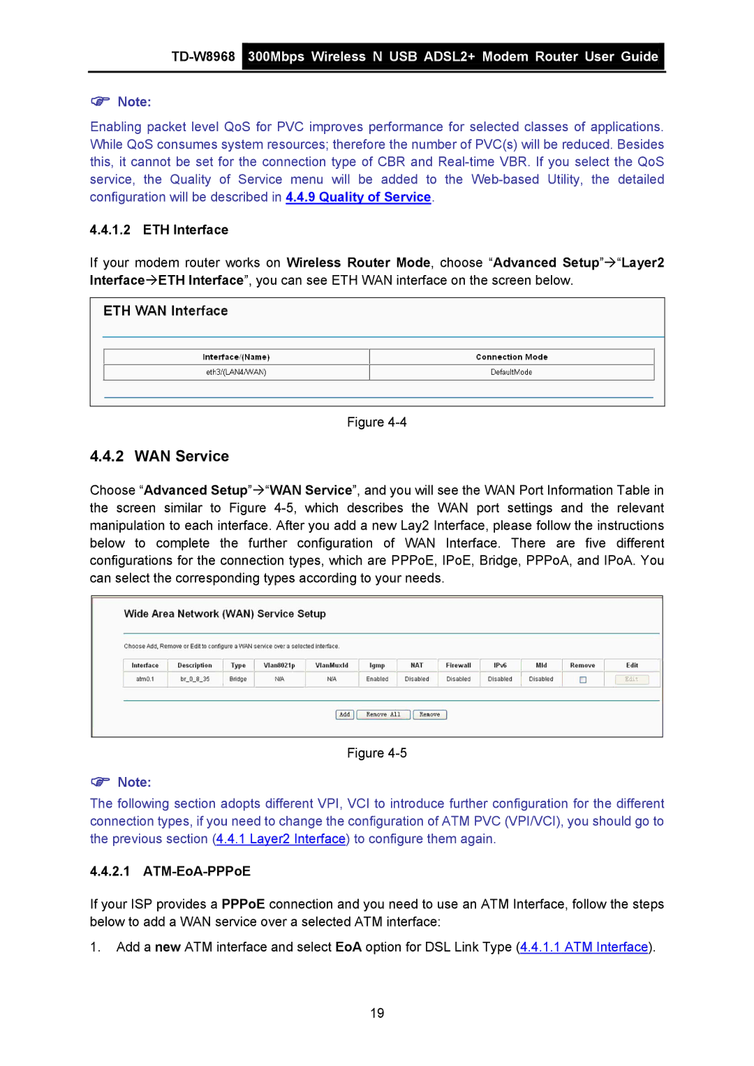 TP-Link TD-W8968 manual WAN Service, ETH Interface, ATM-EoA-PPPoE 