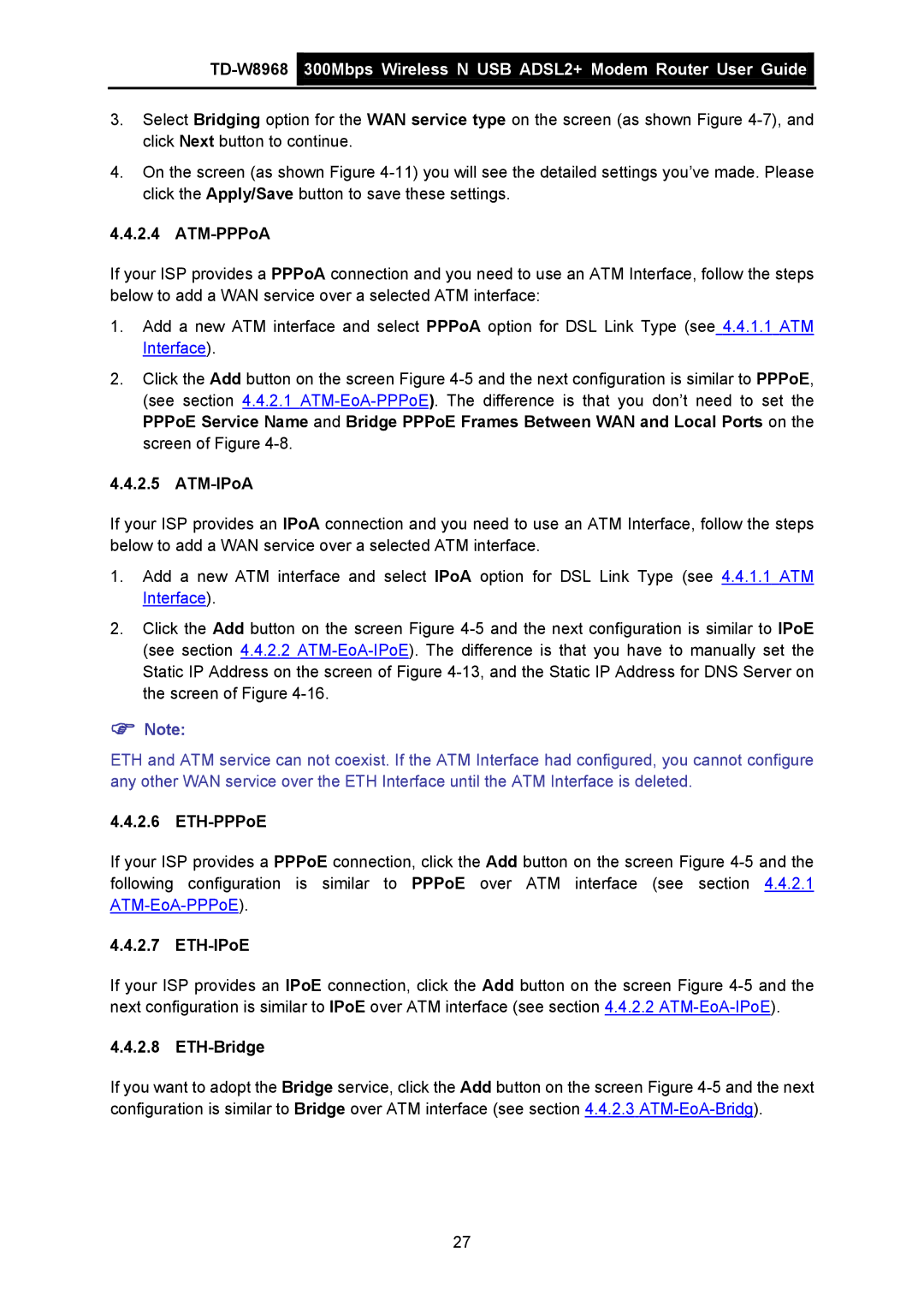 TP-Link TD-W8968 manual ATM-PPPoA, ATM-IPoA, ETH-PPPoE, ETH-IPoE, ETH-Bridge 