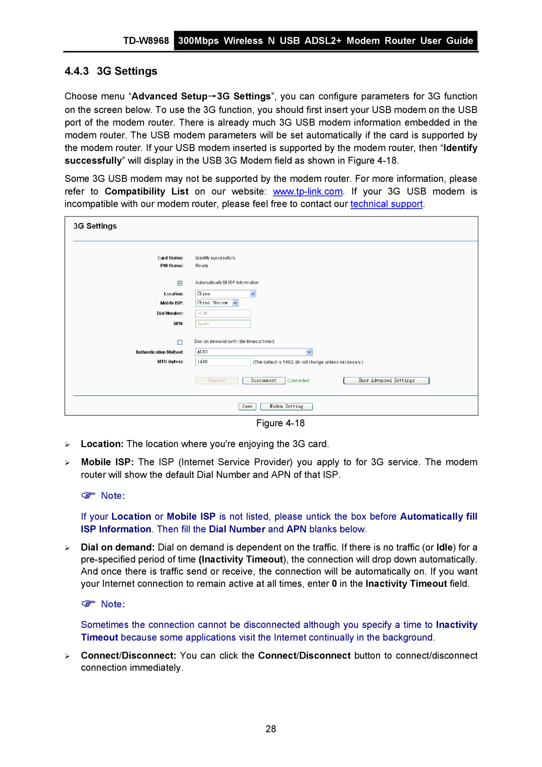 TP-Link TD-W8968 manual 3 3G Settings 