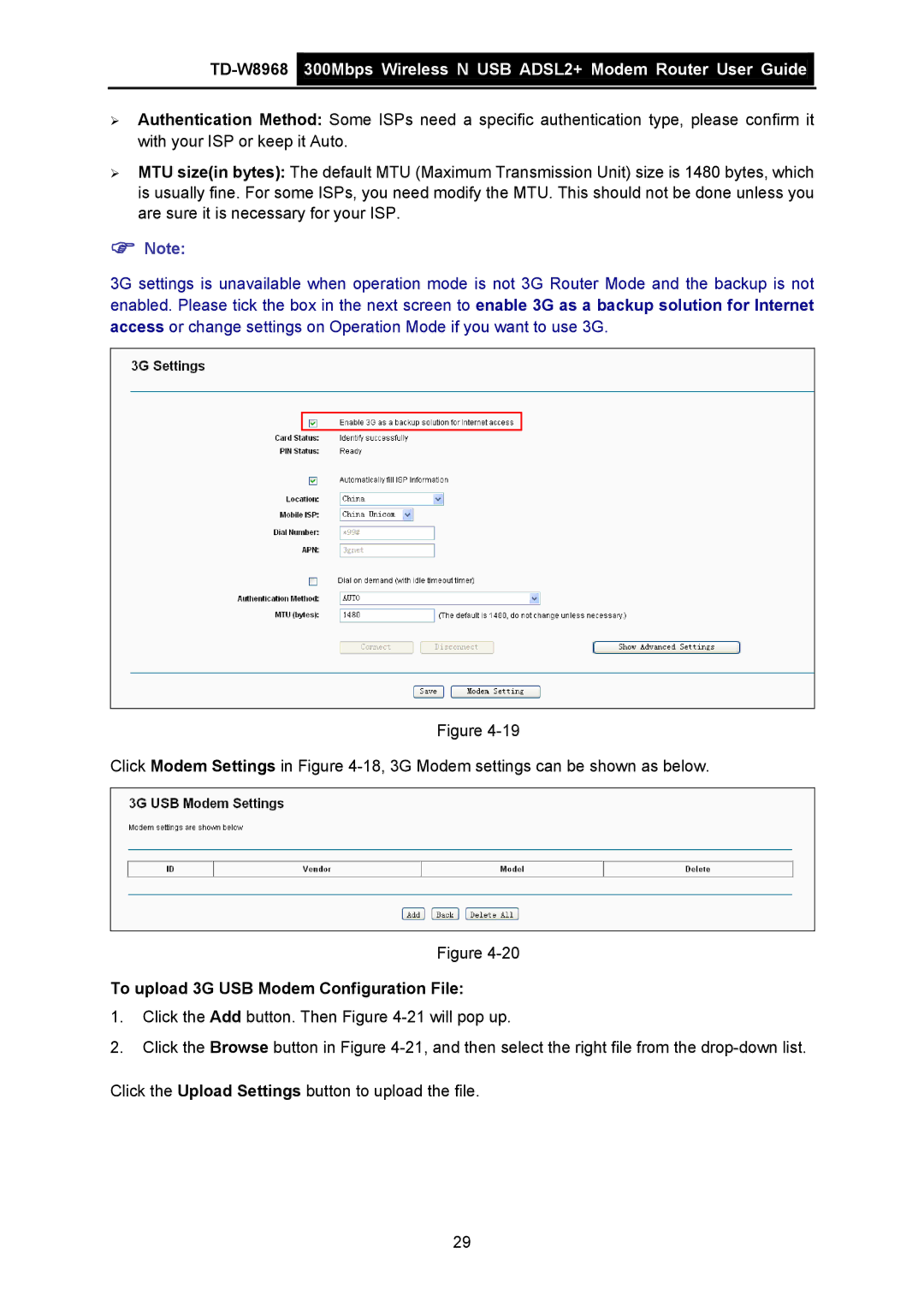 TP-Link TD-W8968 manual To upload 3G USB Modem Configuration File 