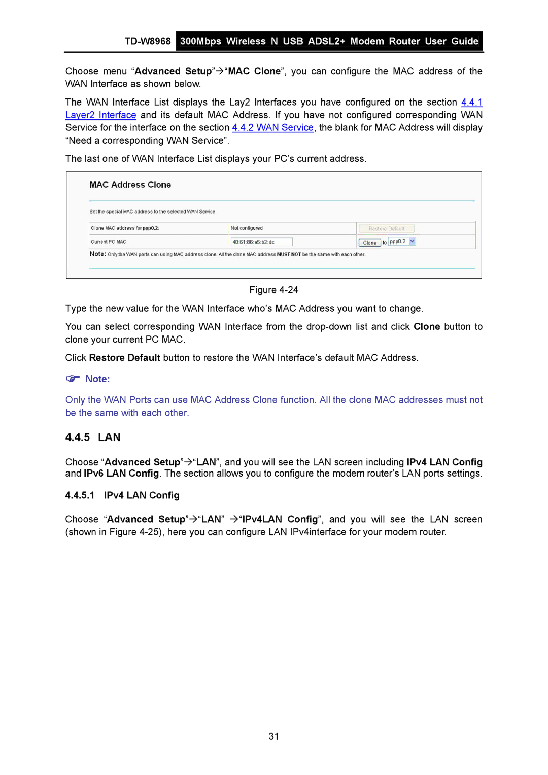 TP-Link TD-W8968 manual 5 LAN, 5.1 IPv4 LAN Config 