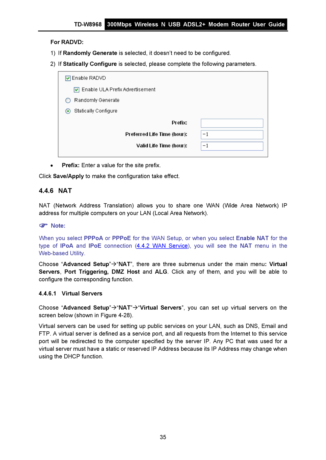 TP-Link TD-W8968 manual 6 NAT, For Radvd, Virtual Servers 