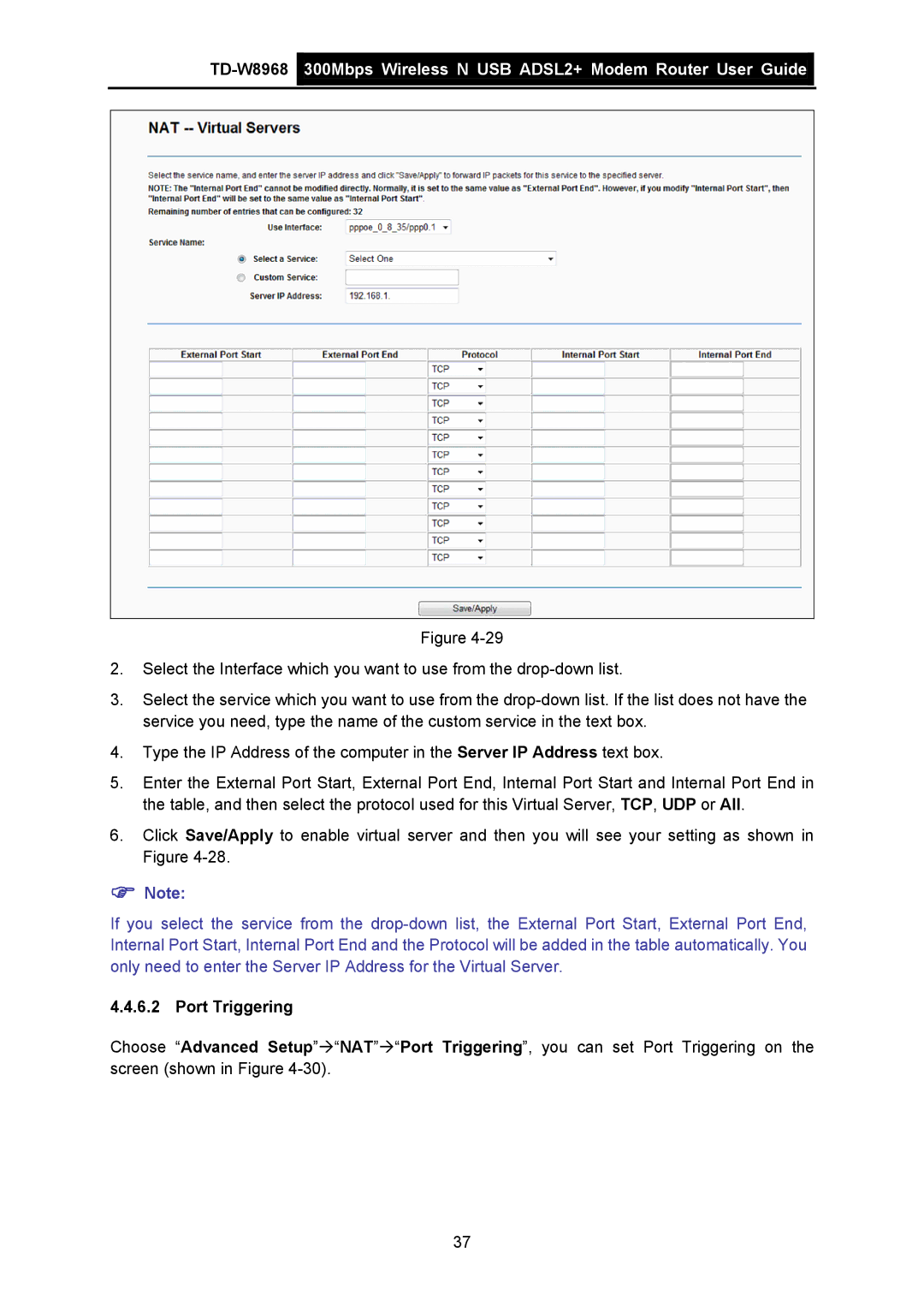 TP-Link TD-W8968 manual Port Triggering 