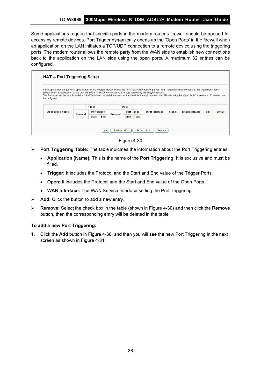 TP-Link TD-W8968 manual To add a new Port Triggering 