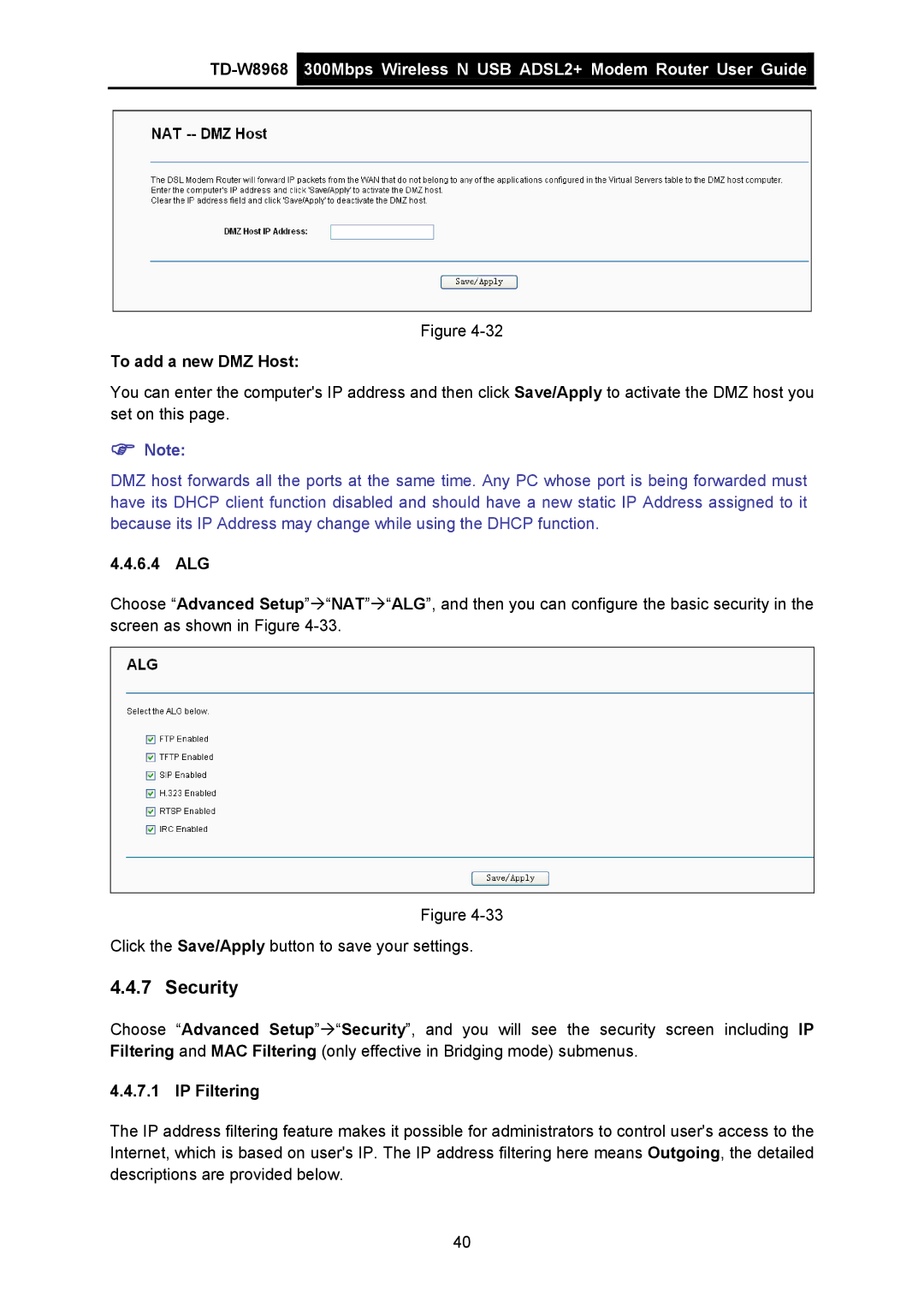 TP-Link TD-W8968 manual Security, To add a new DMZ Host, 6.4 ALG, IP Filtering 