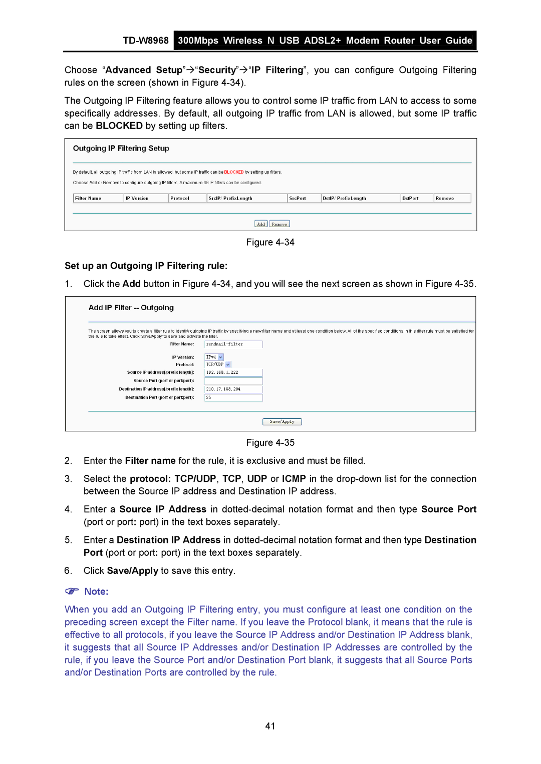 TP-Link TD-W8968 manual Set up an Outgoing IP Filtering rule 