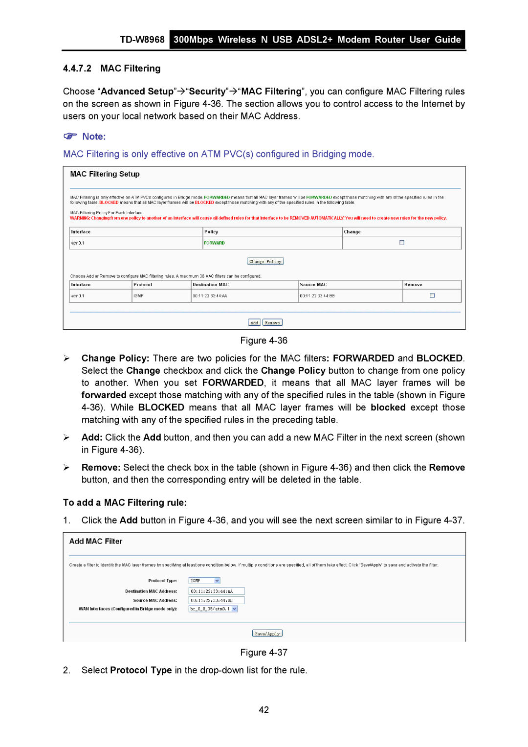 TP-Link TD-W8968 manual To add a MAC Filtering rule 