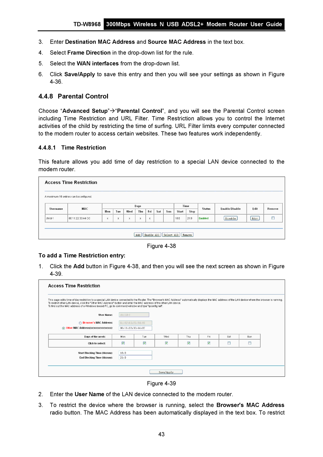 TP-Link TD-W8968 manual Parental Control, To add a Time Restriction entry 