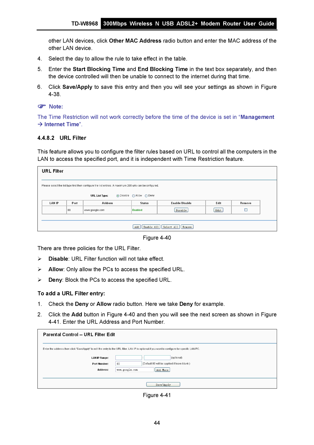 TP-Link TD-W8968 manual To add a URL Filter entry 