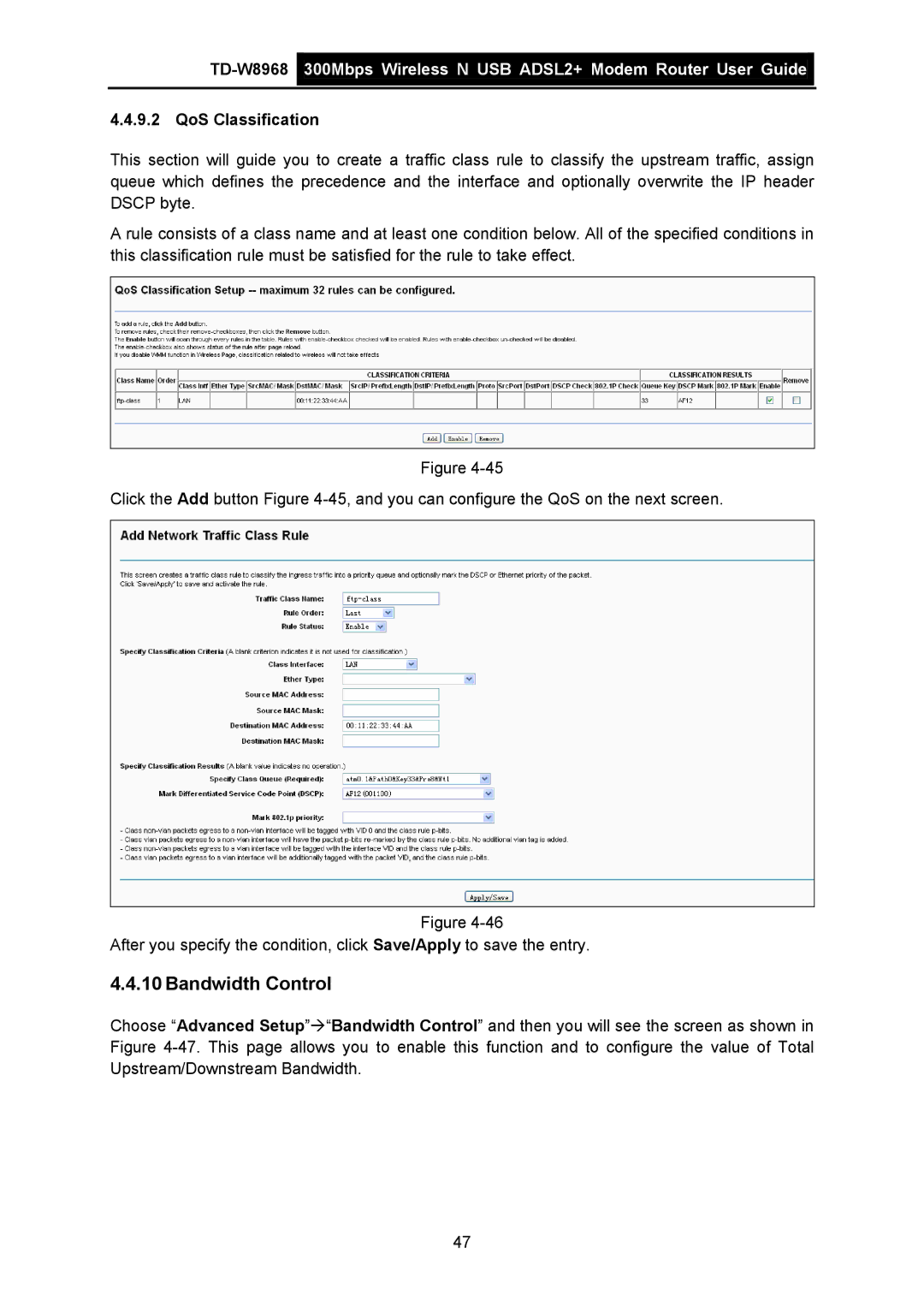 TP-Link TD-W8968 manual Bandwidth Control, QoS Classification 