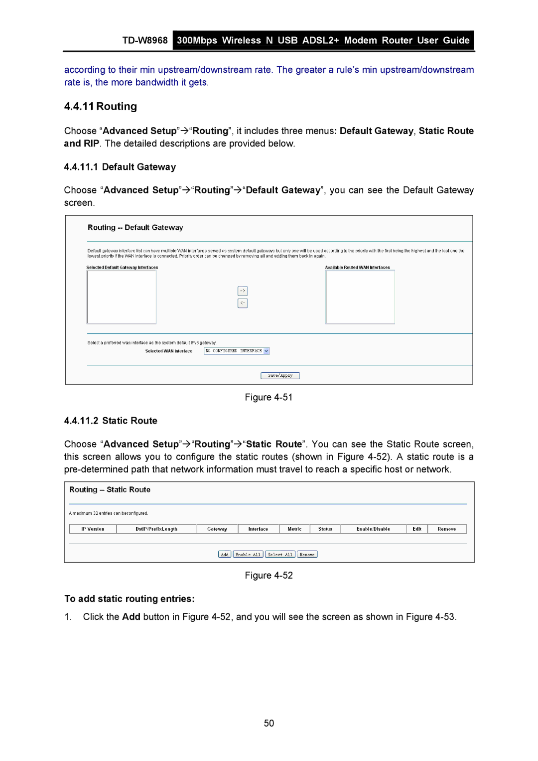 TP-Link TD-W8968 manual Routing, Static Route, To add static routing entries 