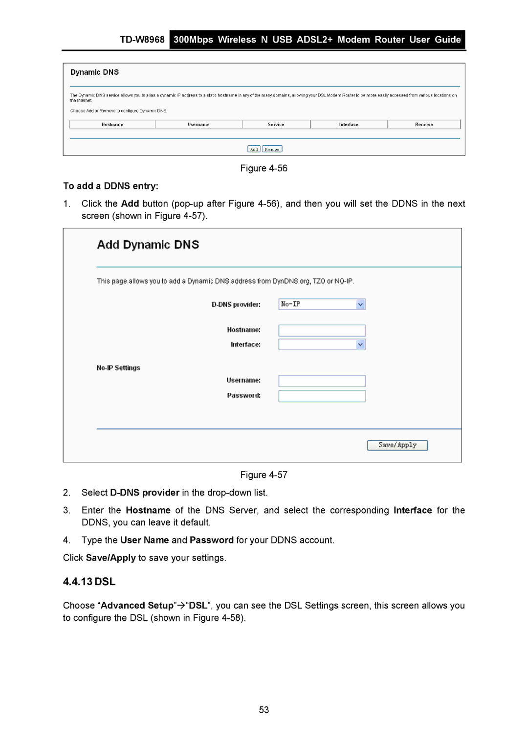 TP-Link TD-W8968 manual 13 DSL, To add a Ddns entry 