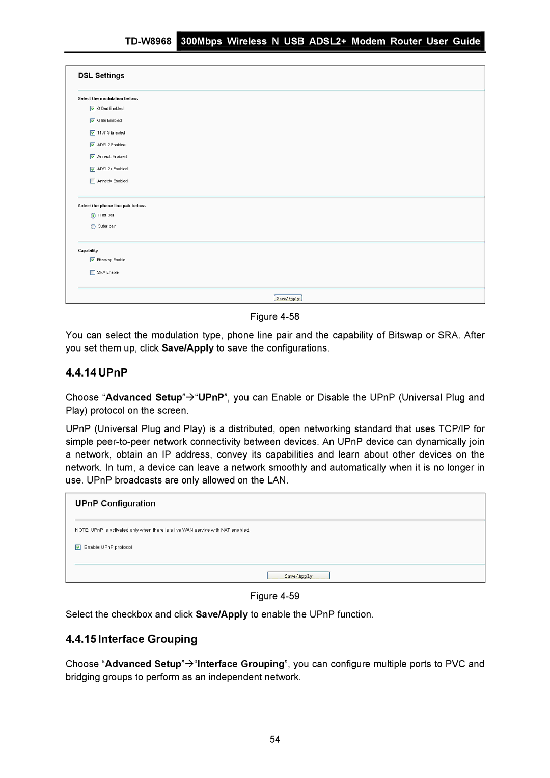 TP-Link TD-W8968 manual UPnP, Interface Grouping 