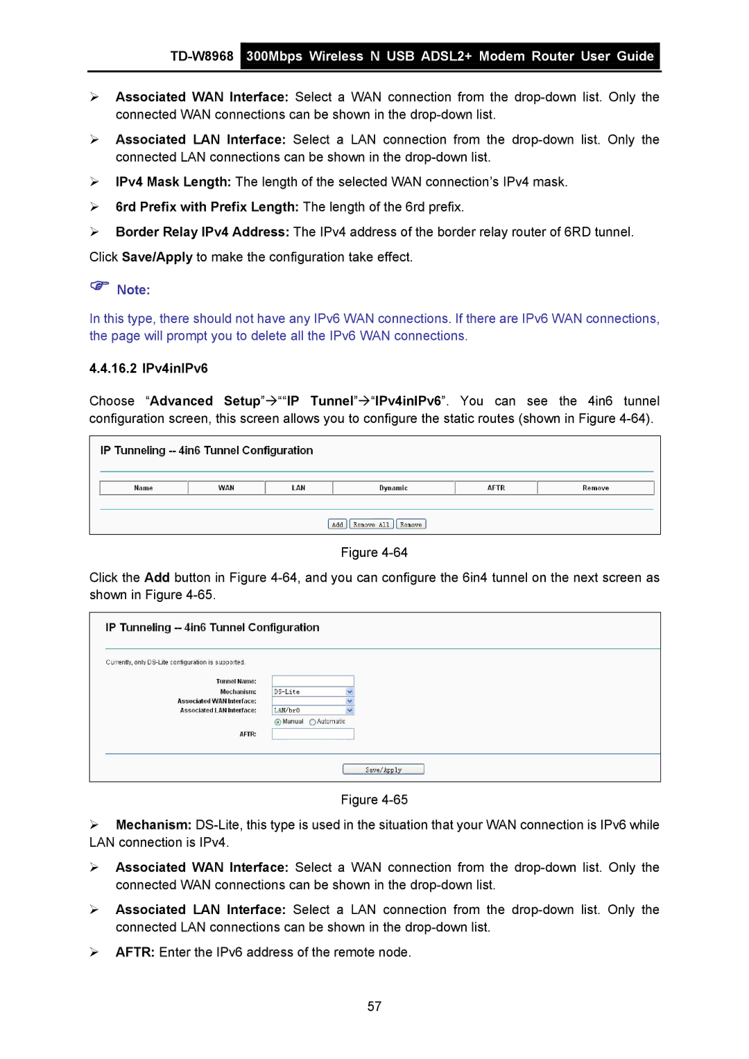 TP-Link TD-W8968 manual ¾ 6rd Prefix with Prefix Length The length of the 6rd prefix, 16.2 IPv4inIPv6 