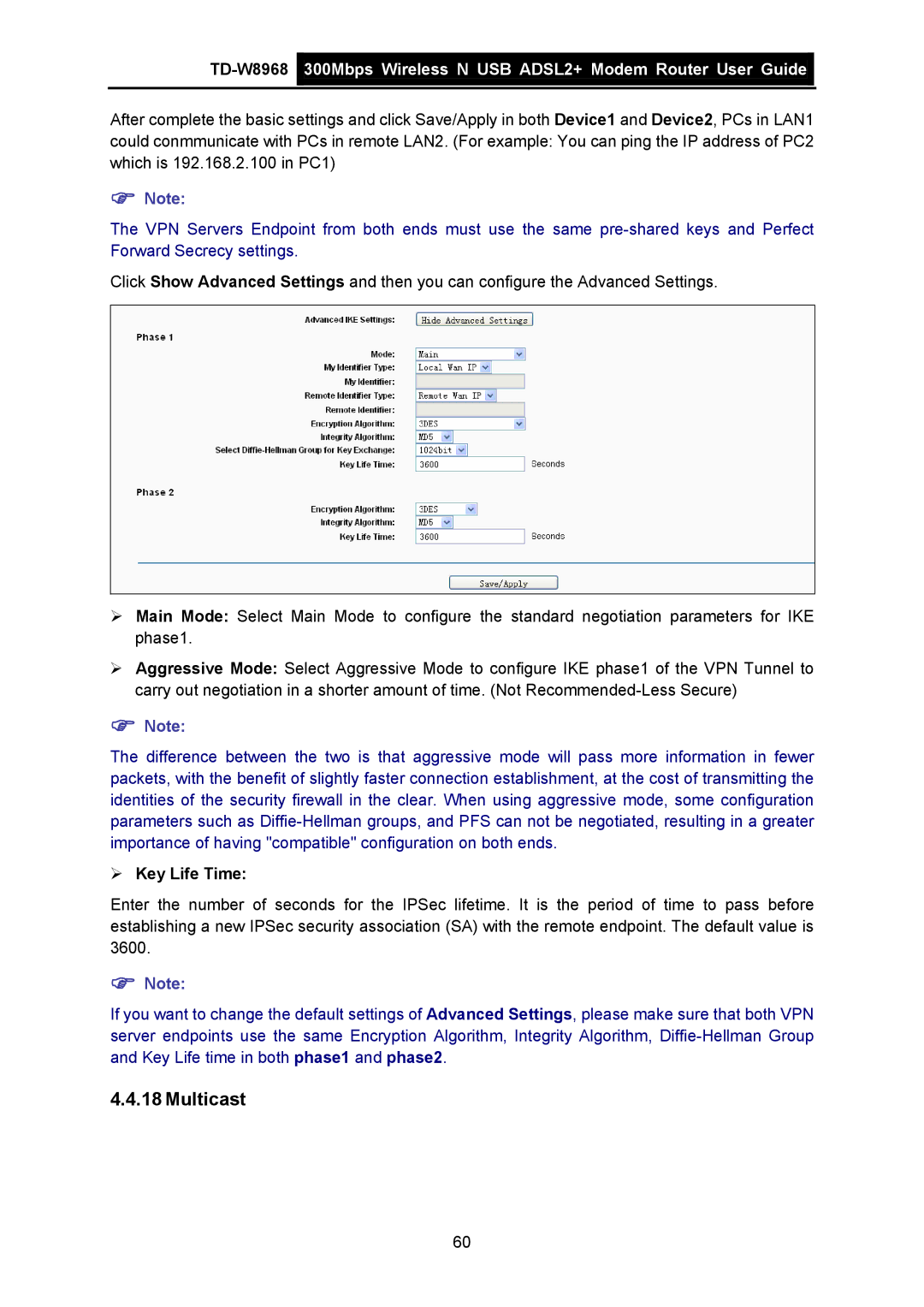 TP-Link TD-W8968 manual Multicast, ¾ Key Life Time 