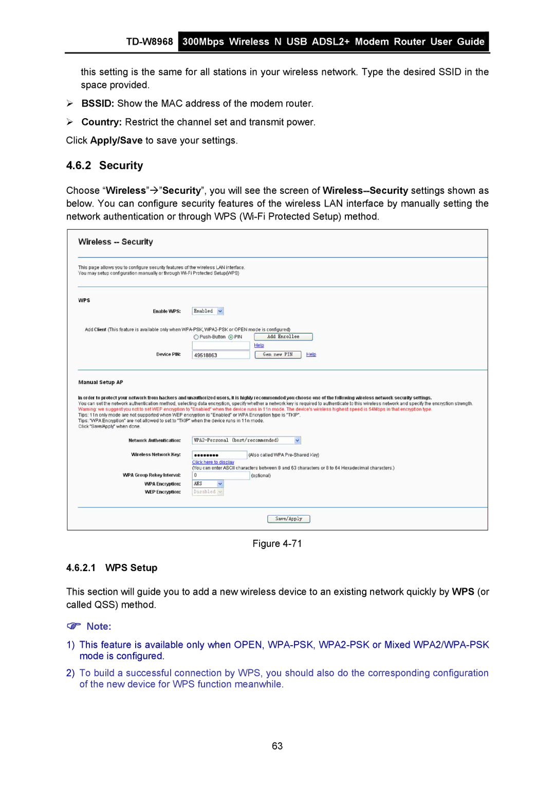 TP-Link TD-W8968 manual Security, WPS Setup 