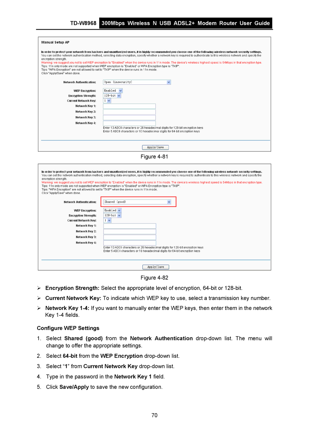 TP-Link TD-W8968 manual Configure WEP Settings 