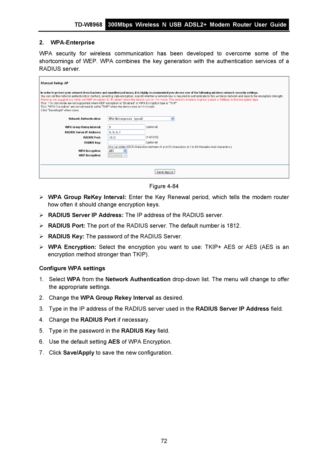 TP-Link TD-W8968 manual WPA-Enterprise, Configure WPA settings, Change the WPA Group Rekey Interval as desired 