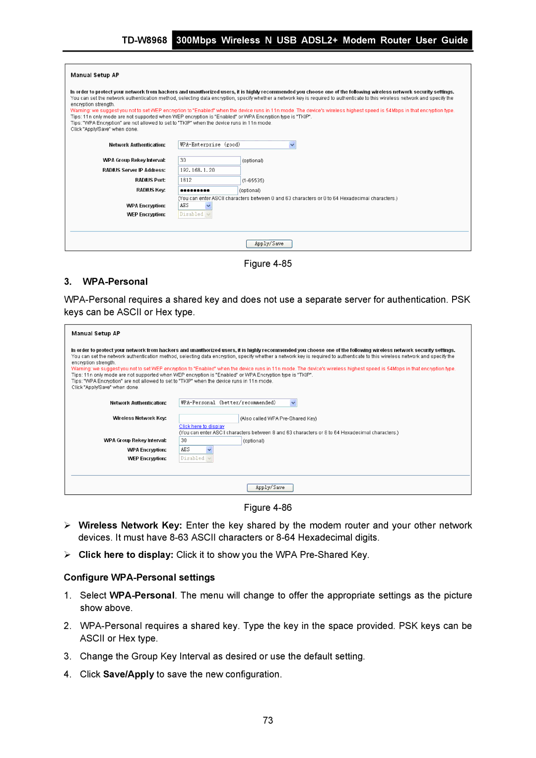 TP-Link TD-W8968 manual Configure WPA-Personal settings 