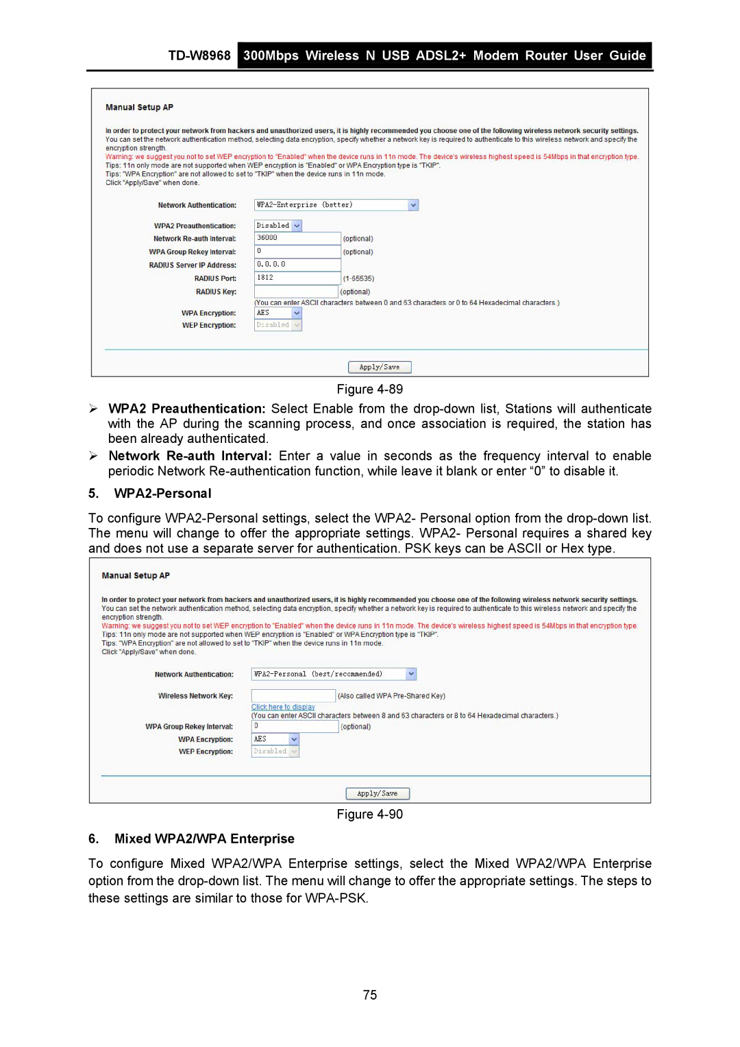 TP-Link TD-W8968 manual WPA2-Personal, Mixed WPA2/WPA Enterprise 