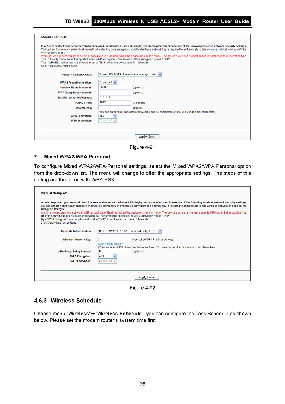 TP-Link TD-W8968 manual Wireless Schedule, Mixed WPA2/WPA Personal 