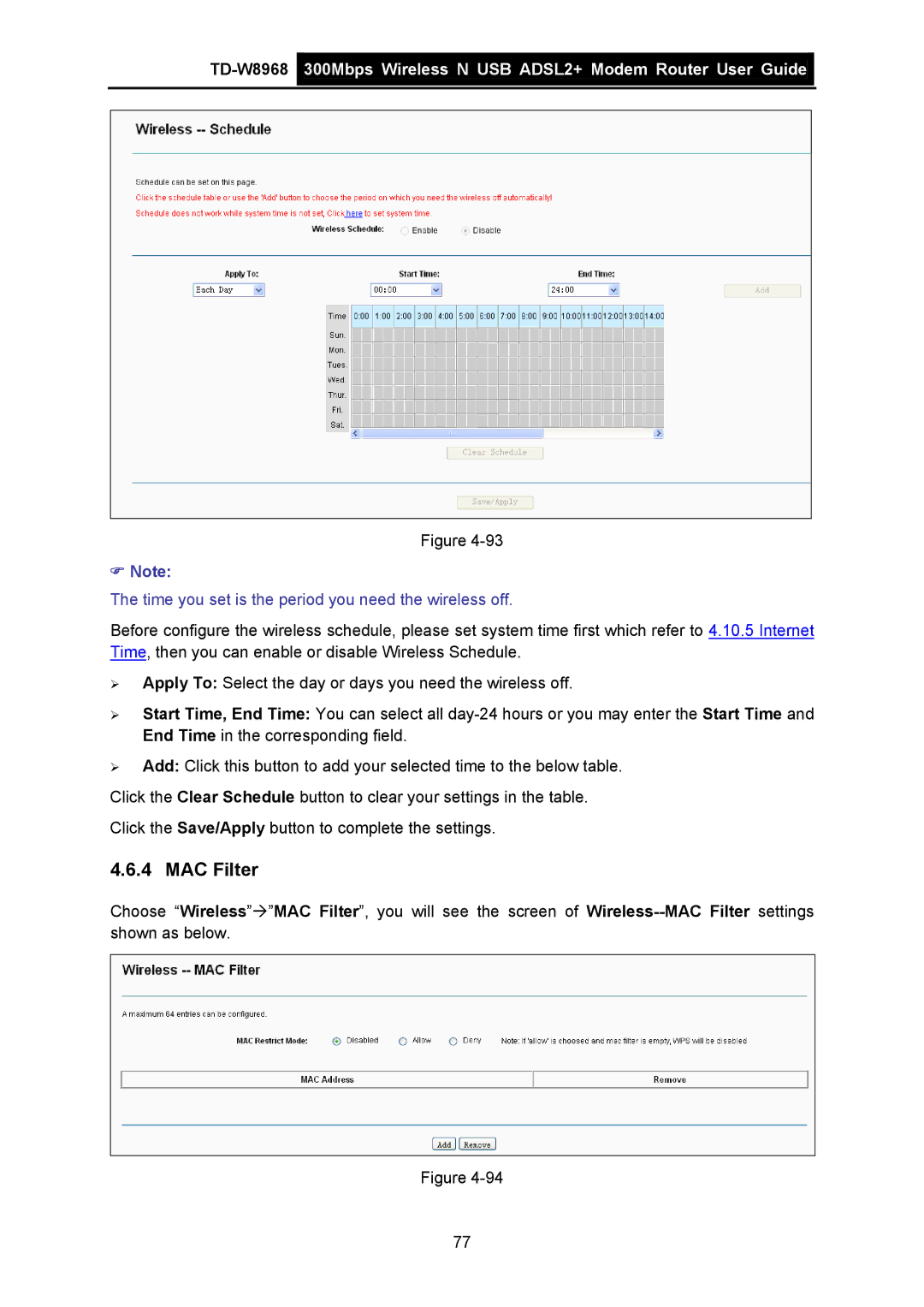 TP-Link TD-W8968 manual MAC Filter, Time you set is the period you need the wireless off 