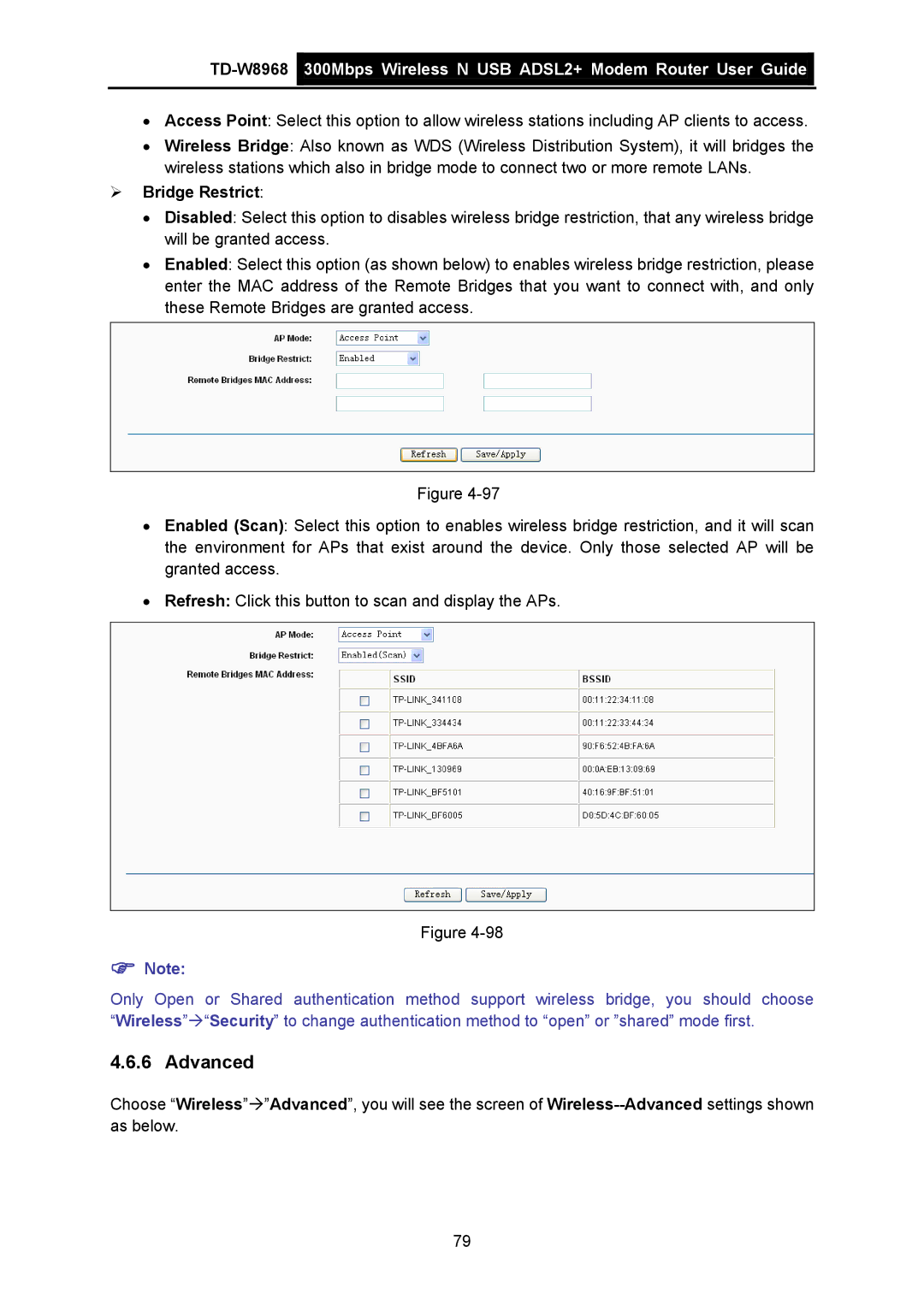 TP-Link TD-W8968 manual Advanced, ¾ Bridge Restrict 