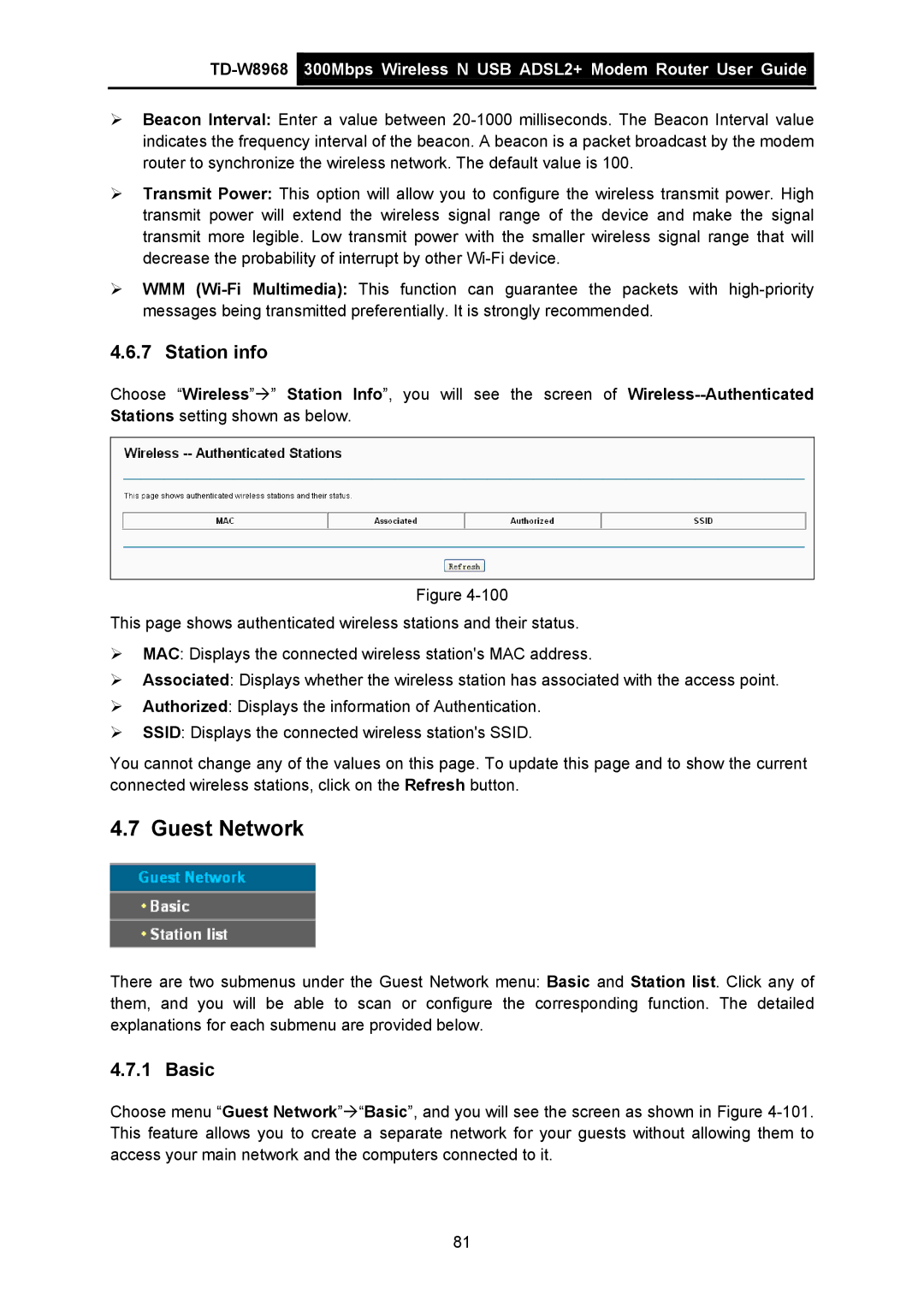 TP-Link TD-W8968 manual Guest Network, Station info 