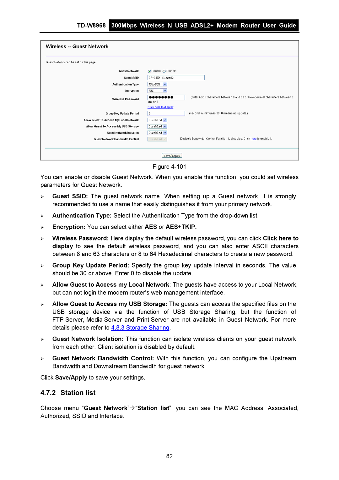 TP-Link TD-W8968 manual Station list, ¾ Encryption You can select either AES or AES+TKIP 