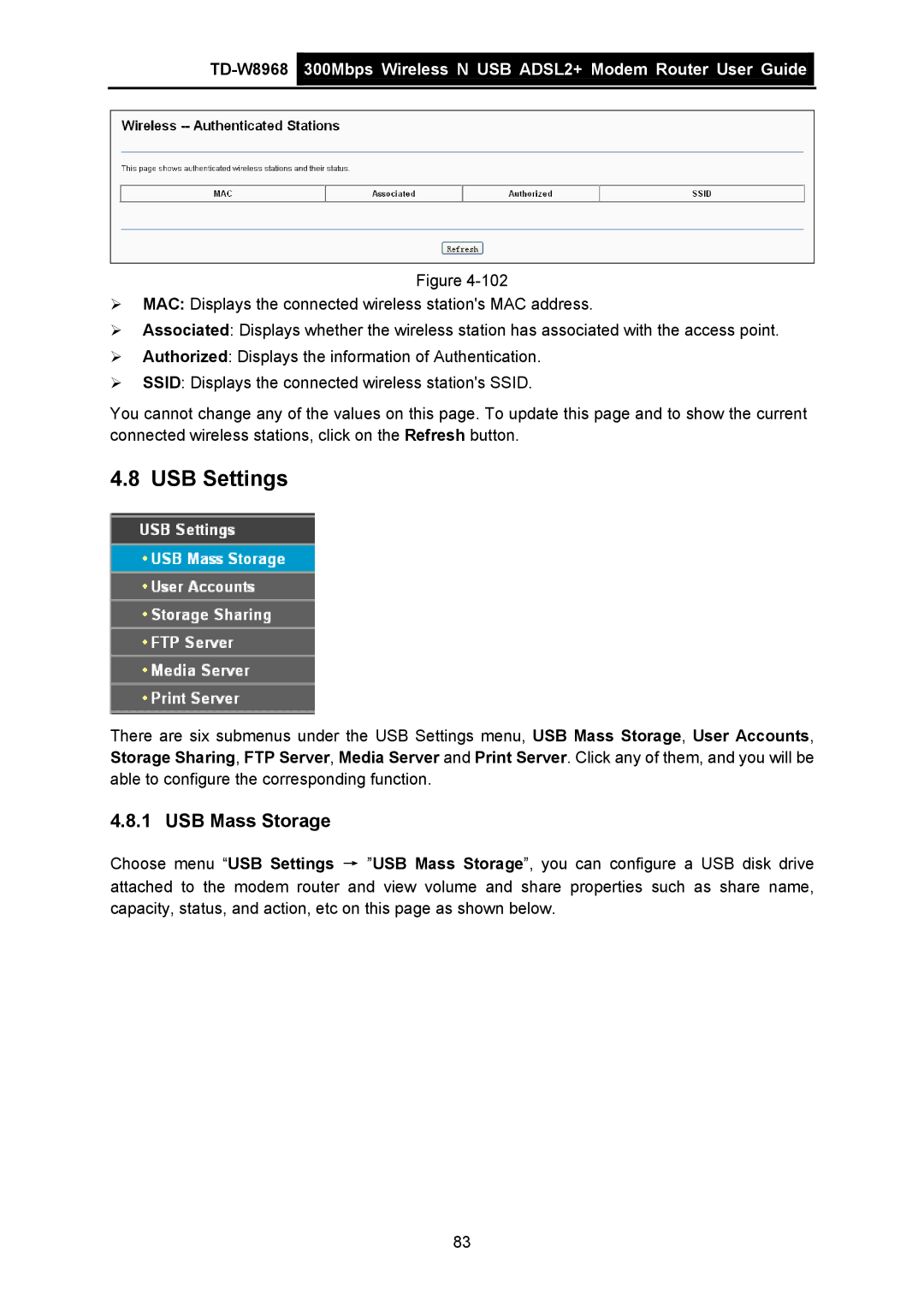 TP-Link TD-W8968 manual USB Settings, USB Mass Storage 