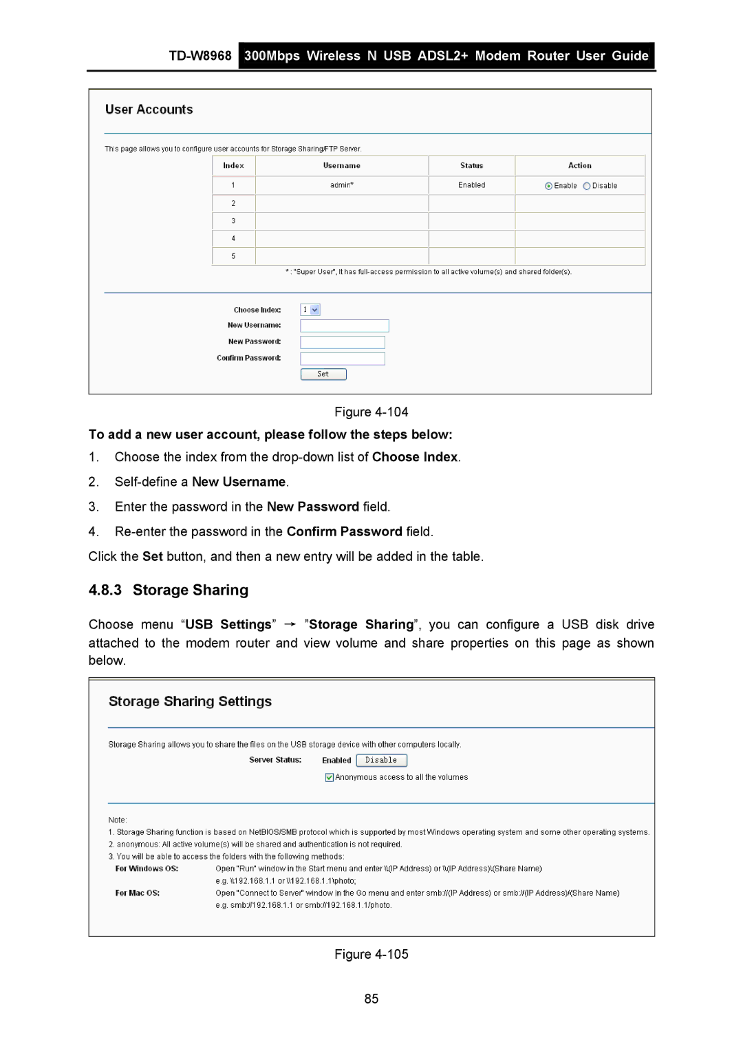 TP-Link TD-W8968 manual Storage Sharing, To add a new user account, please follow the steps below 