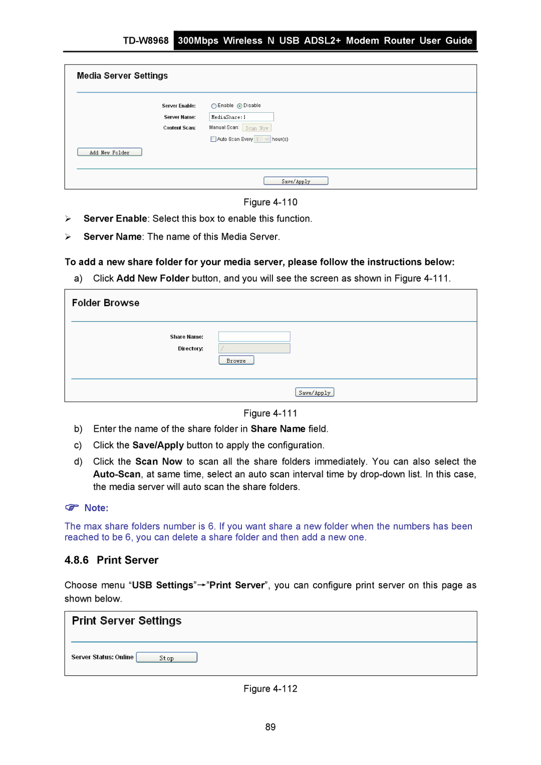 TP-Link TD-W8968 manual Print Server 