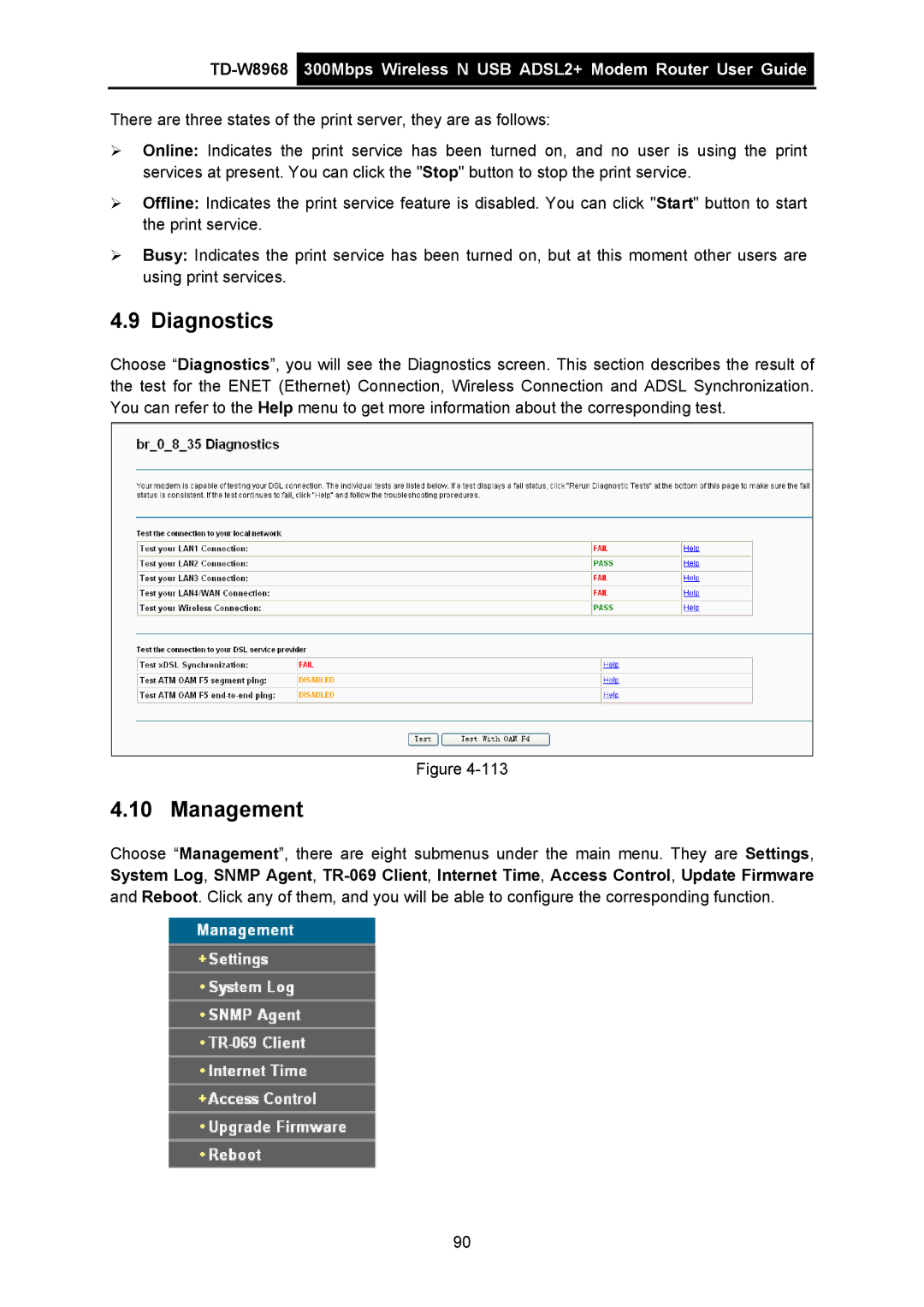 TP-Link TD-W8968 manual Diagnostics, Management 