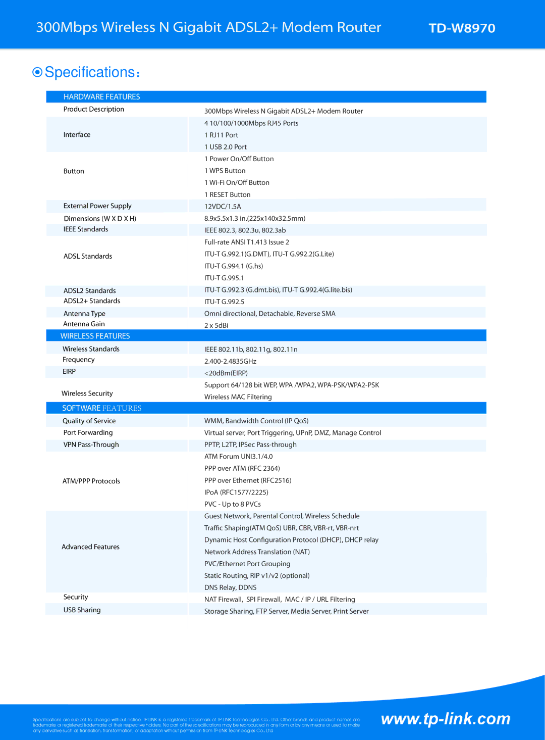 TP-Link td-w8970 manual Specifications：, Hardware Features, Wireless Features, Software Features 