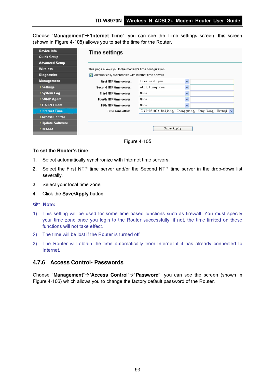 TP-Link TD-W8970N manual Access Control- Passwords, To set the Router’s time 