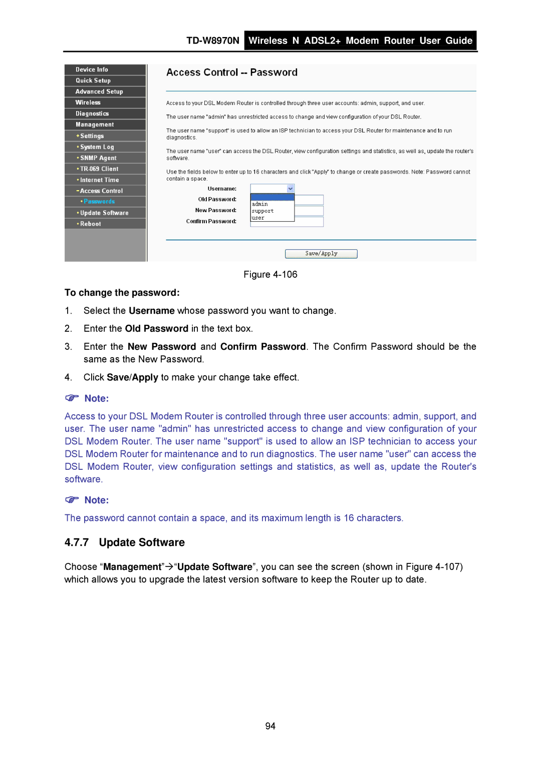 TP-Link TD-W8970N manual Update Software, To change the password 