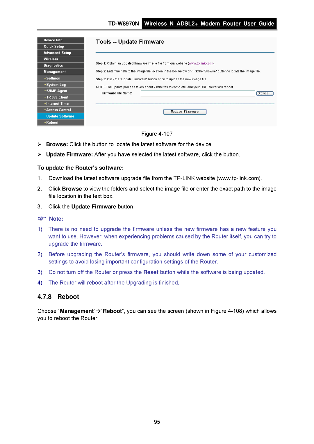 TP-Link TD-W8970N manual Reboot, To update the Routers software 