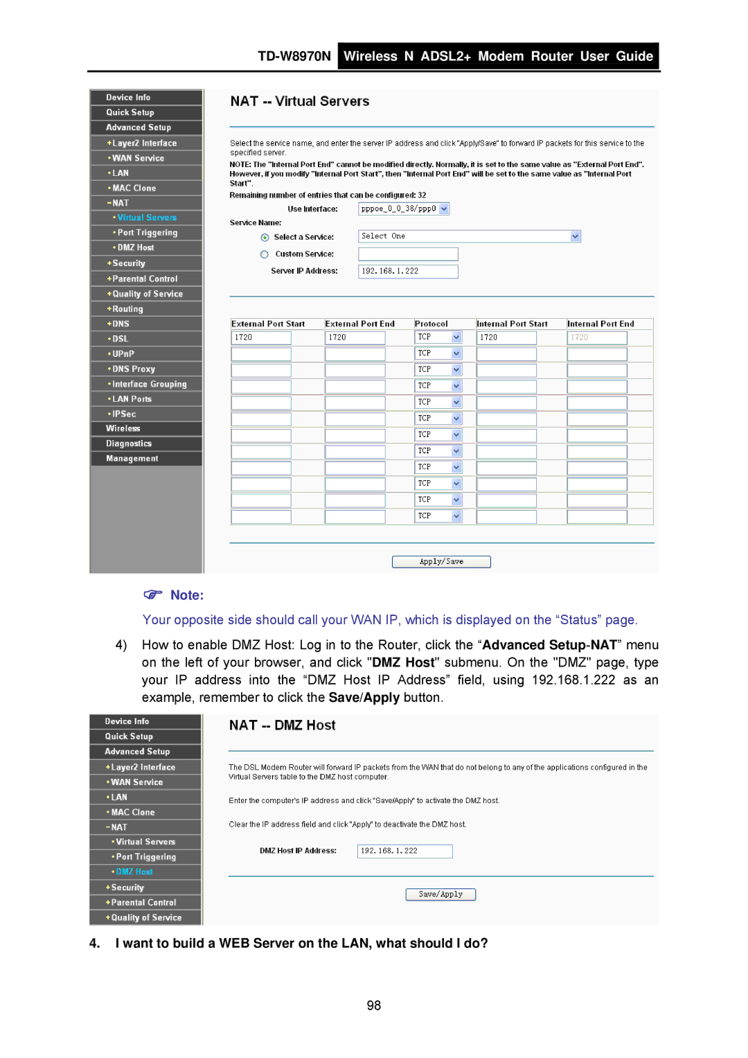 TP-Link TD-W8970N manual Want to build a WEB Server on the LAN, what should I do? 