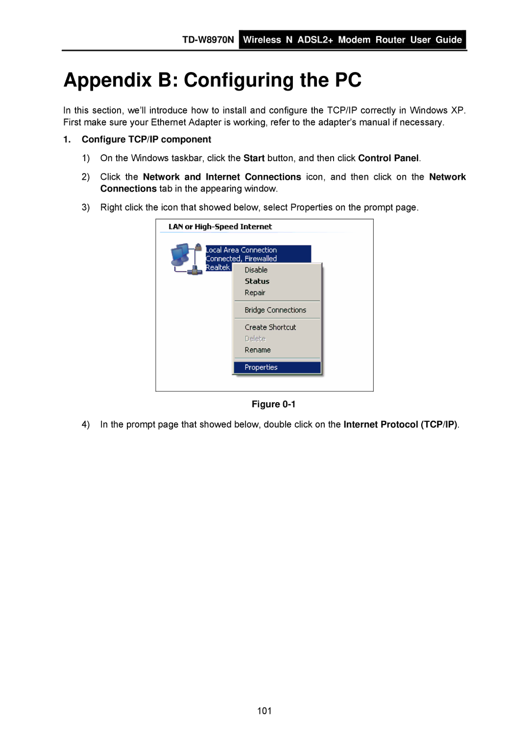 TP-Link TD-W8970N manual Appendix B Configuring the PC, Configure TCP/IP component 