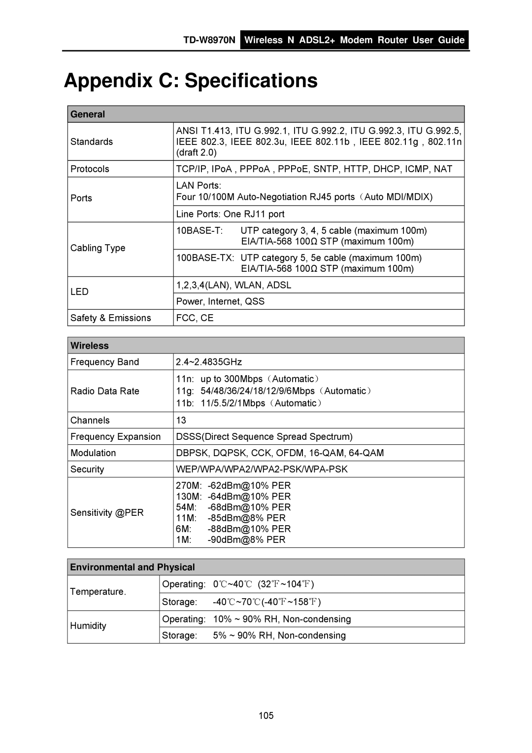 TP-Link TD-W8970N manual General, Wireless, Environmental and Physical 