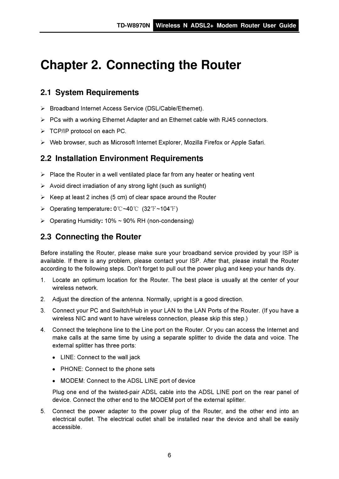 TP-Link TD-W8970N manual System Requirements, Installation Environment Requirements, Connecting the Router 