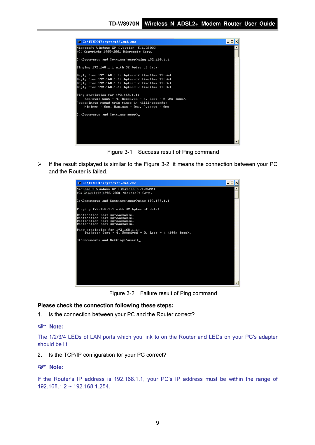 TP-Link TD-W8970N manual Failure result of Ping command, Please check the connection following these steps 