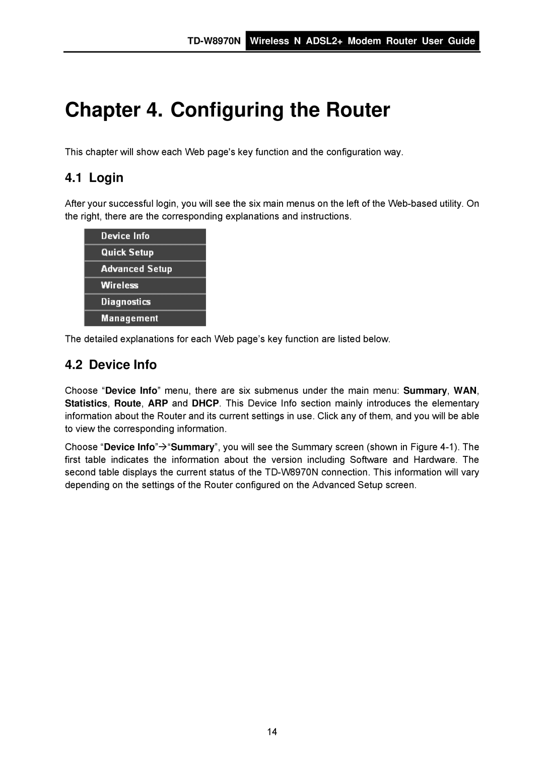TP-Link TD-W8970N manual Login, Device Info 